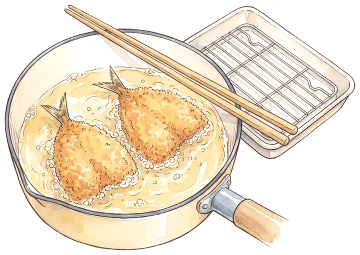 油の中で揚がっていくアジフライと、油切りの網のイラスト