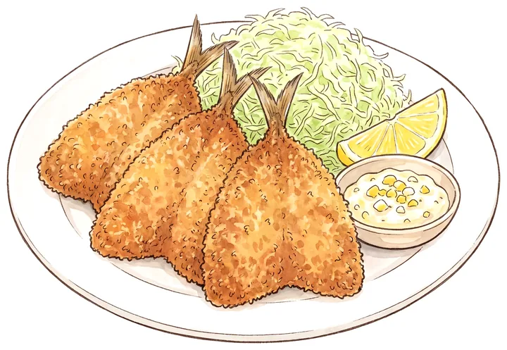 千切りキャベツとレモン、タルタルソースを添えたアジフライのイラスト