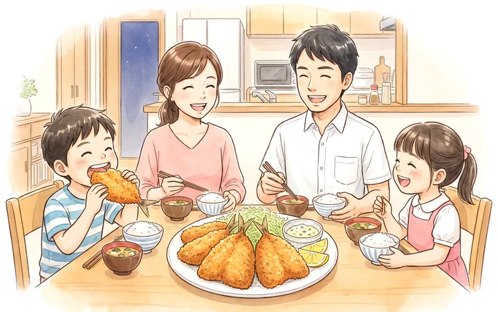 揚げたてのアジフライを家族で笑顔で食べる夕ごはんのイラスト