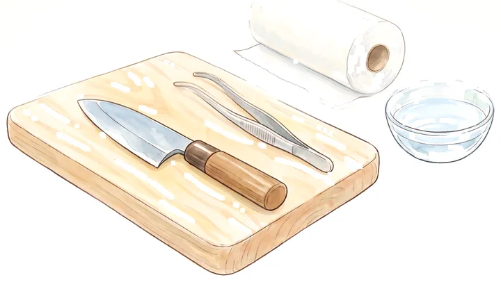 まな板の上の出刃包丁と骨抜き、キッチンペーパーと水を入れたボウルのイラスト