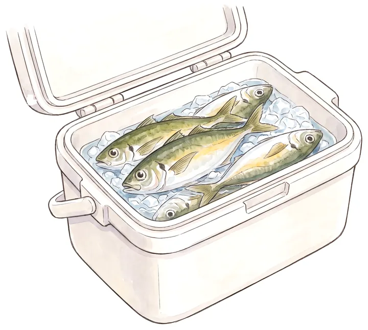 氷を入れたクーラーボックスで冷やしたアジのイラスト