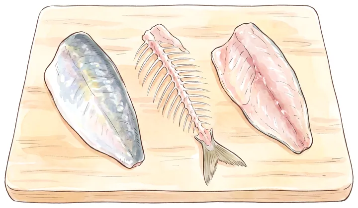 三枚におろしたアジ。皮側の身、中骨、身側の身が並んだイラスト