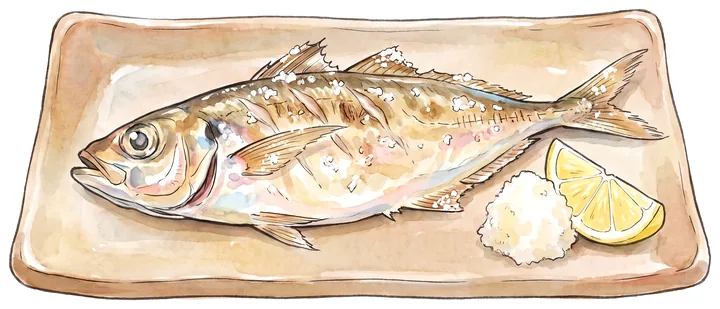 頭を左、腹を手前にして皿に盛ったアジの塩焼きのイラスト