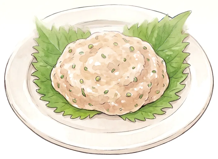 大葉の上にこんもり盛ったアジのなめろうのイラスト