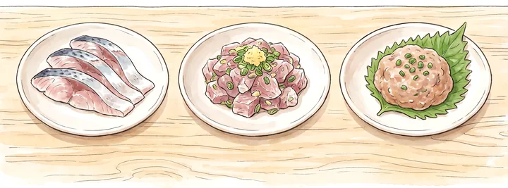 アジの刺身・たたき・なめろうを並べたイラスト