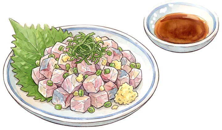 大葉の上に盛ったアジのたたきのイラスト