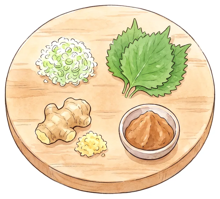 まな板の上の長ねぎ・大葉・しょうが・味噌のイラスト