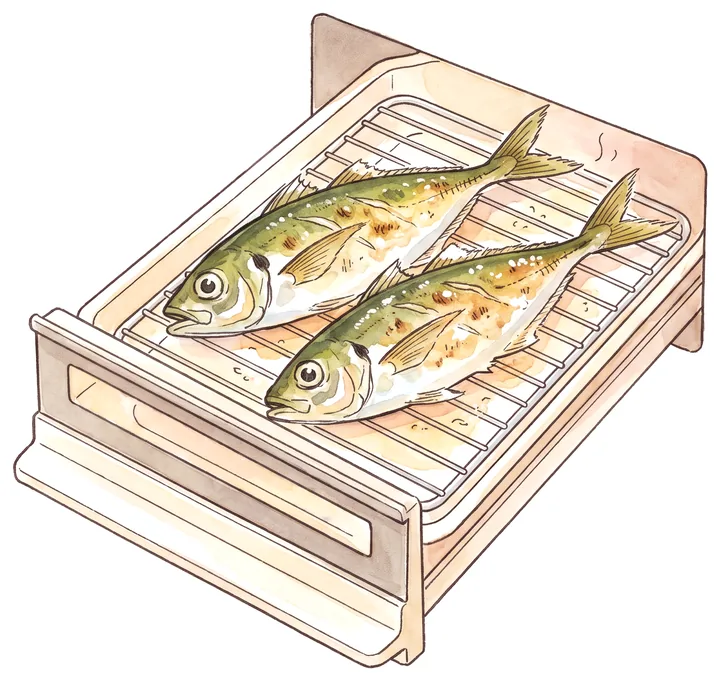 魚焼きグリルの網の上で焼けているアジのイラスト