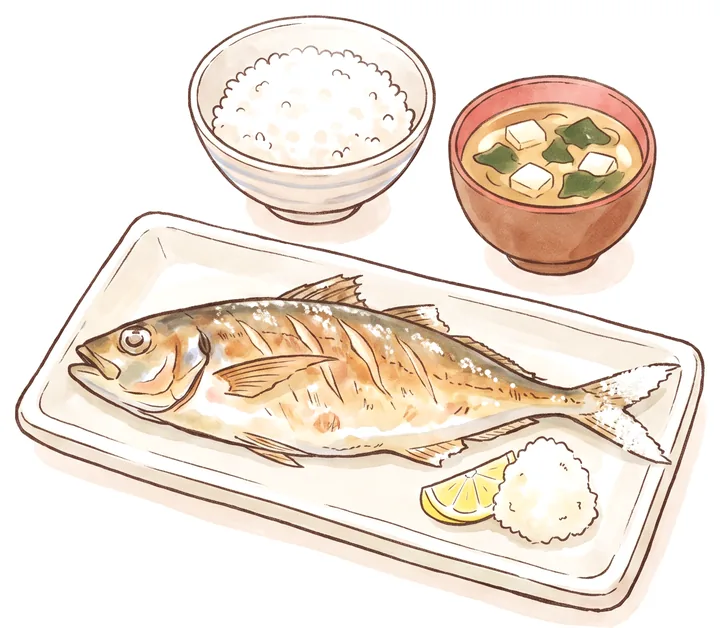 大根おろしとレモンを添えたアジの塩焼きのイラスト