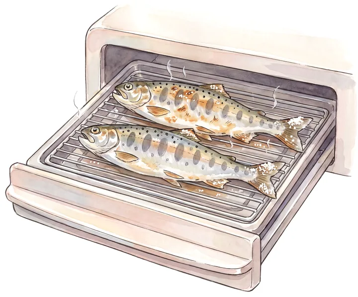 魚焼きグリルの網の上で焼けているヤマメのイラスト