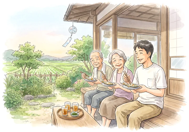 夏の夕方、縁側でアユの塩焼きを家族で味わうイラスト