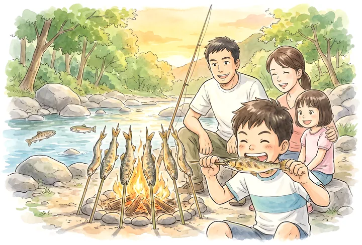 川辺のキャンプで、たき火で焼いたアユの塩焼きを家族で食べるイラスト