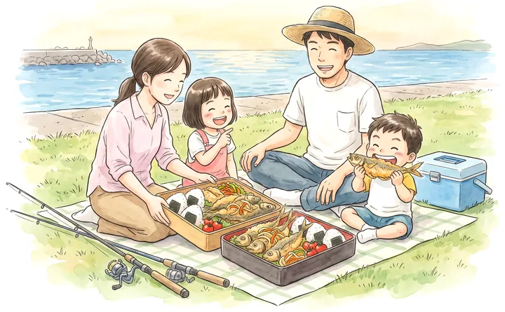 海辺の公園で、小アジの南蛮漬けのお弁当を広げる家族のイラスト