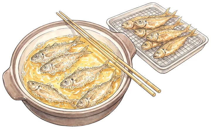 鍋の油で揚がっていく小アジと、油切りの網のイラスト