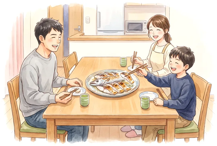 夜釣りから帰った父と息子が、タチウオの炙りを食べている台所のイラスト