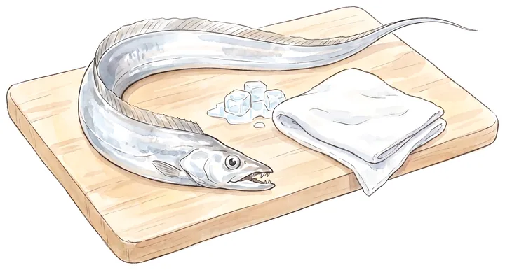 まな板の上の、銀色に光る長いタチウオのイラスト