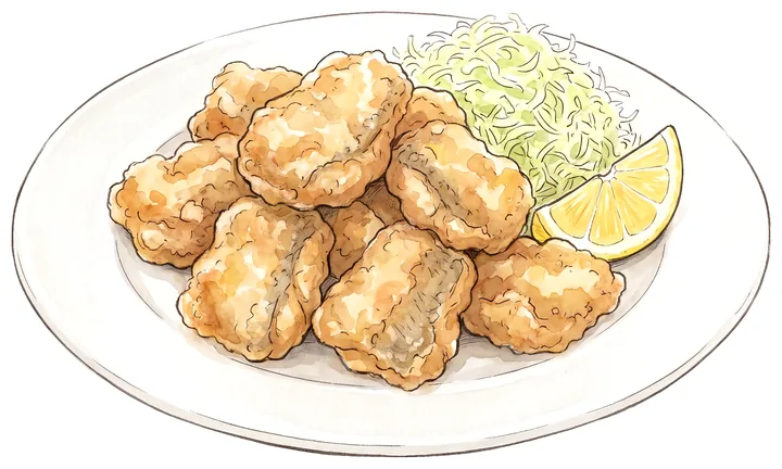 タチウオの唐揚げにレモンとキャベツを添えたイラスト
