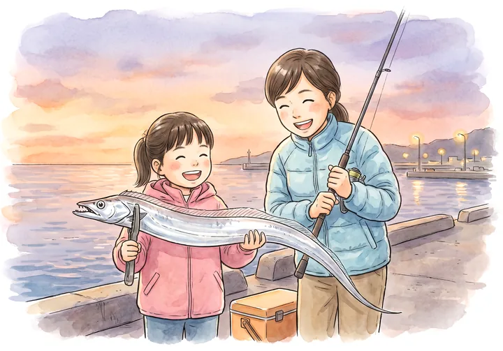 夕暮れの堤防で、母と娘が釣れたタチウオを掲げて笑っているイラスト