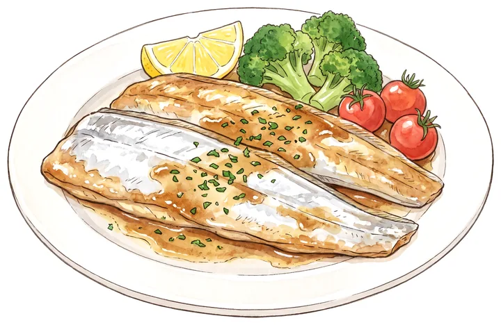 バターで焼いたタチウオのムニエルに、レモンとパセリを添えたイラスト