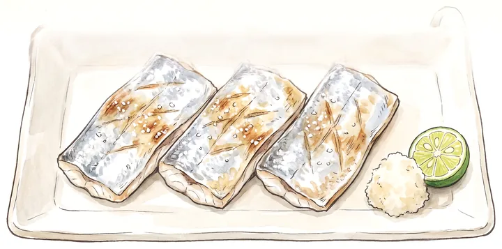 大根おろしとすだちを添えた、タチウオの塩焼きのイラスト