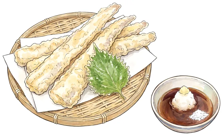 竹ざるにのせたタチウオの天ぷらと、天つゆのイラスト