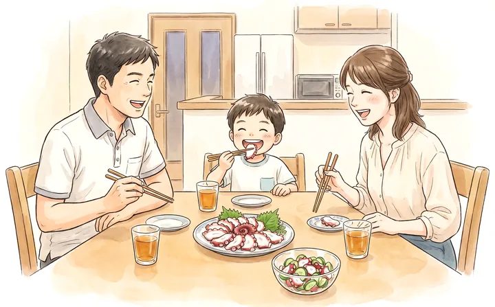釣ってきたタコの刺身と酢の物を、家族3人で食べているイラスト