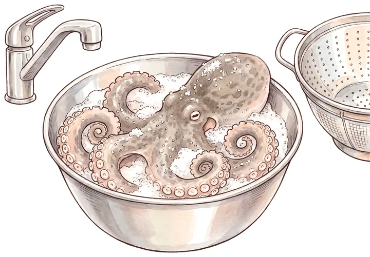 ボウルの中で塩もみをして、泡が出ているマダコのイラスト