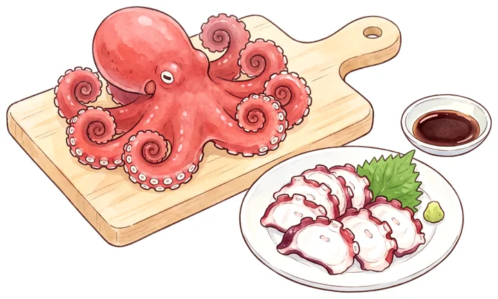 赤く茹で上がったマダコと、薄く切ったタコの刺身のイラスト