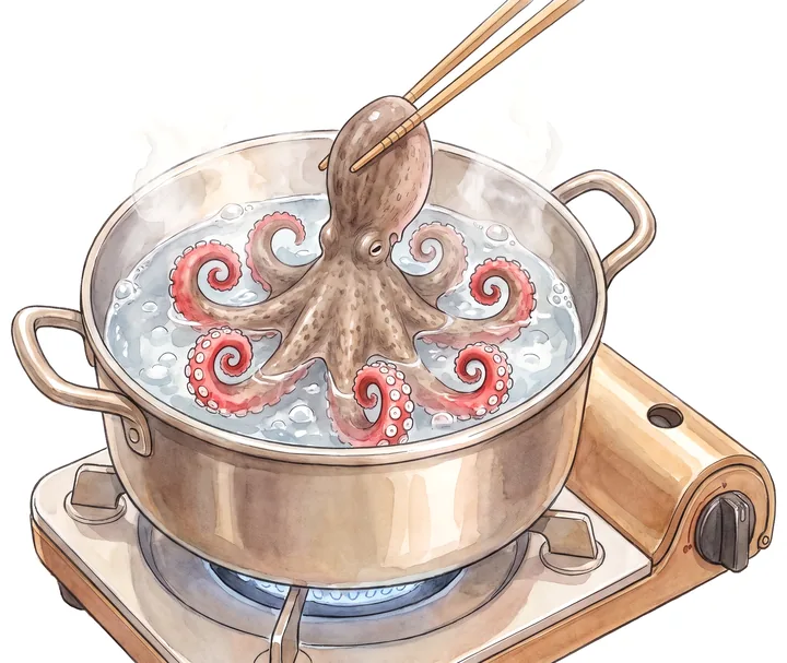 鍋の湯に足先から入れて、足が丸まっていくタコのイラスト