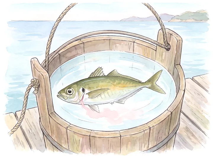 海水を入れたバケツの中で、血抜きをしているアジのイラスト
