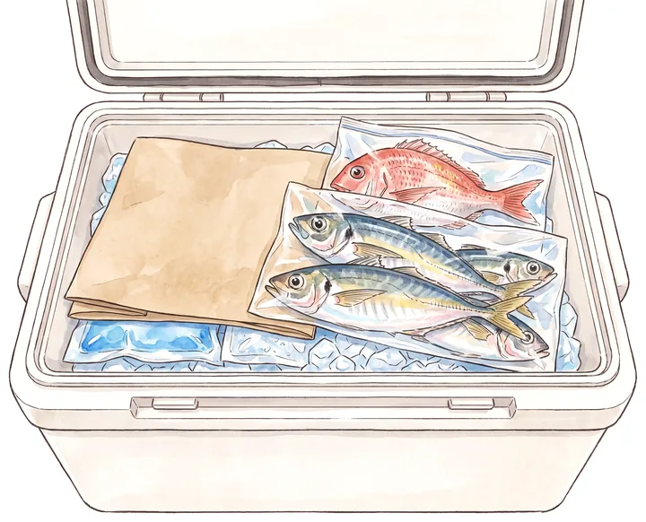 クーラーボックスの中で、袋に入れた魚を保冷剤と氷の上に並べたイラスト