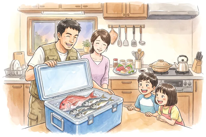 釣りから帰った父親が、クーラーボックスのきれいな魚を家族に見せているイラスト
